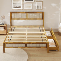 60.8" Modern Beige Platform Bed with Storage Drawers and Comfortable Headboard