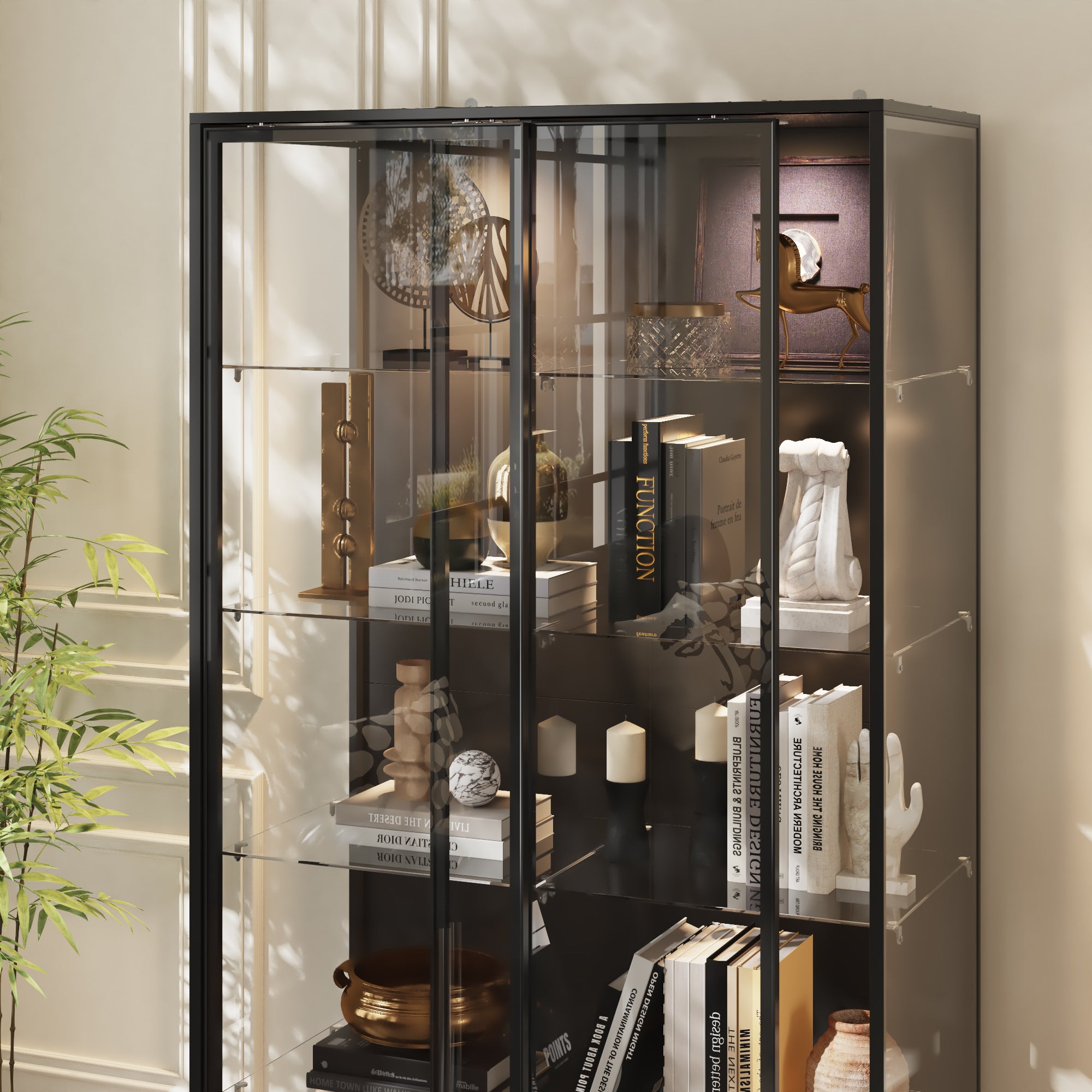 39.4 inches Modern Black 5-Tier Curio Cabinet with Sliding Glass Doors and LED Lights