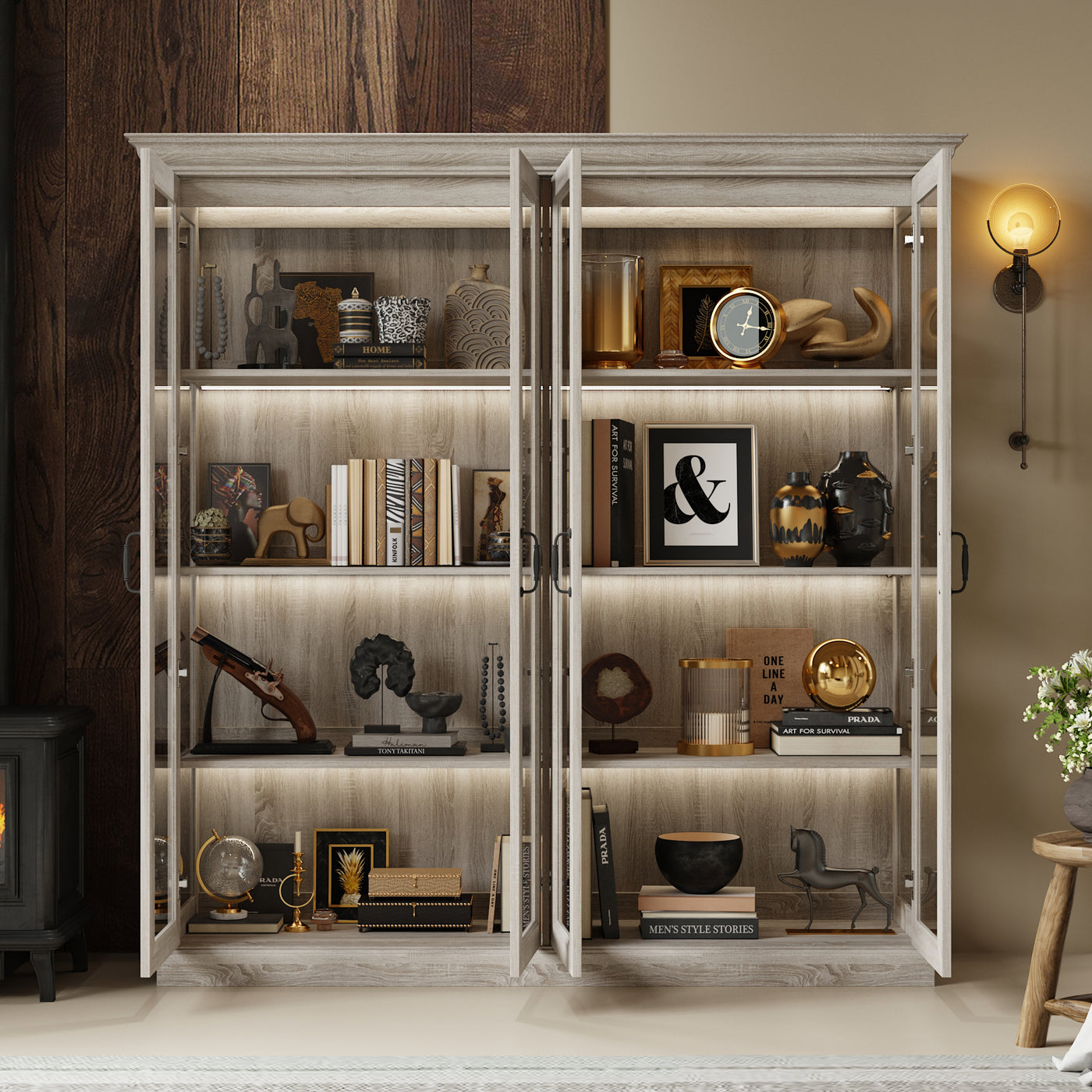 68.5" Modern Display Bookcase with 4 Glass Doors and Lights