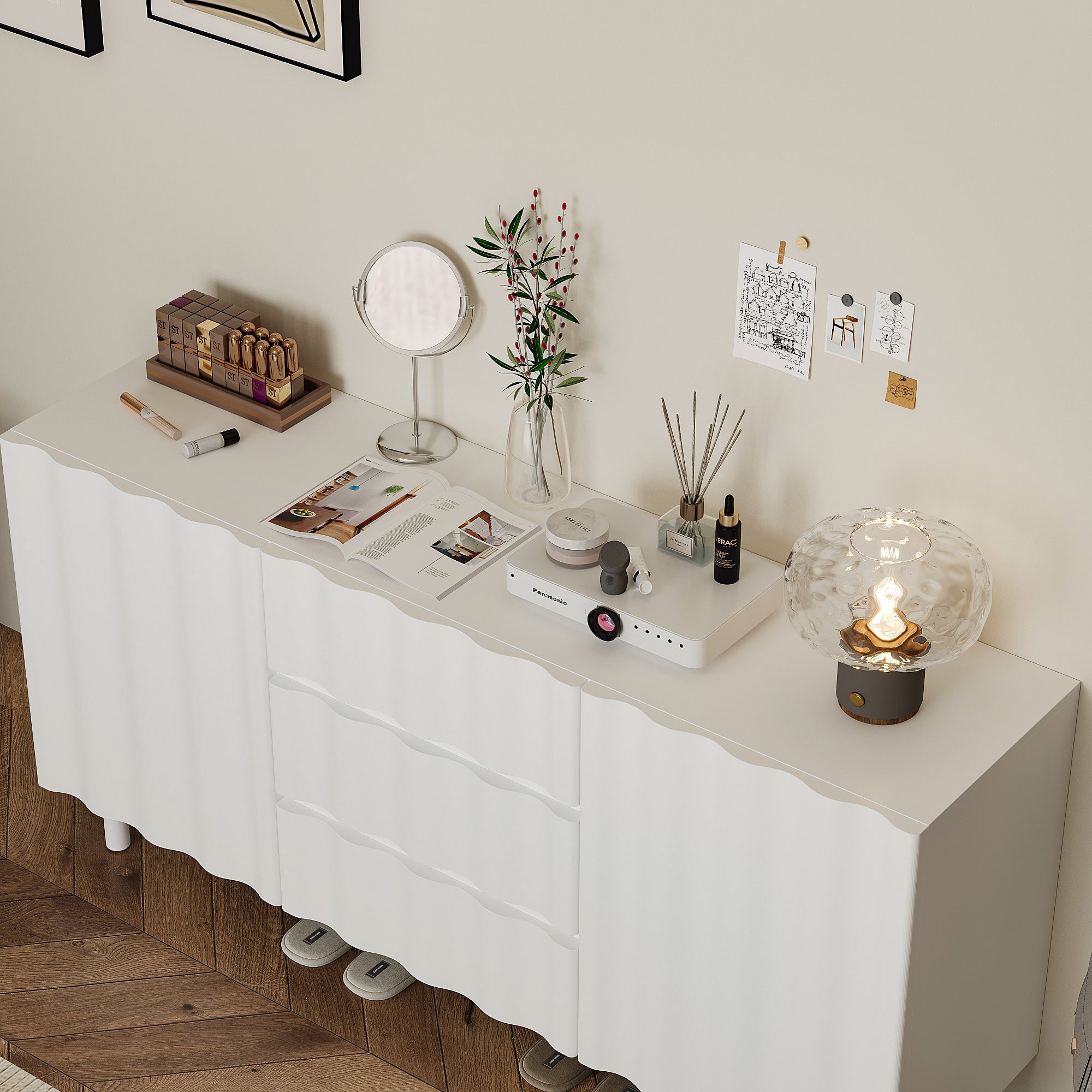 61" Wide White Accent Cabinet With 3 Drawers & 2 Doors