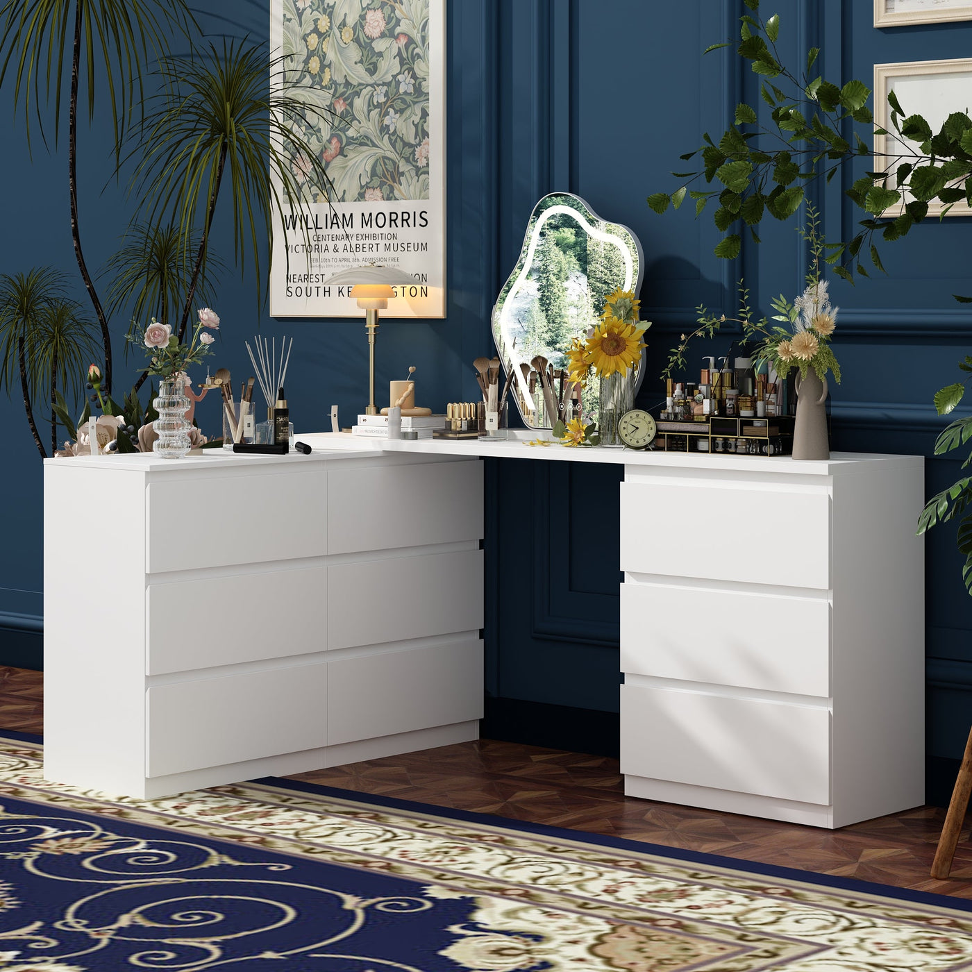 102.4" Modern White Convertible Vanity Table Makeup Vanity With 9 Drawers
