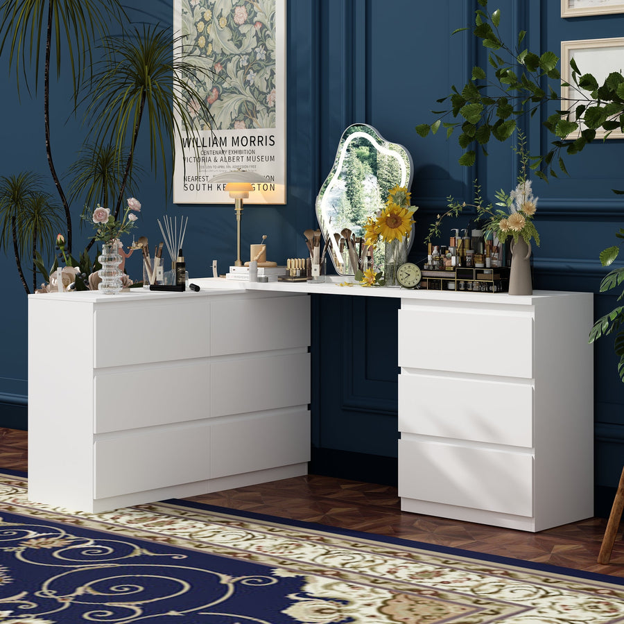 102.4" Modern White Convertible Vanity Table Makeup Vanity With 9 Drawers
