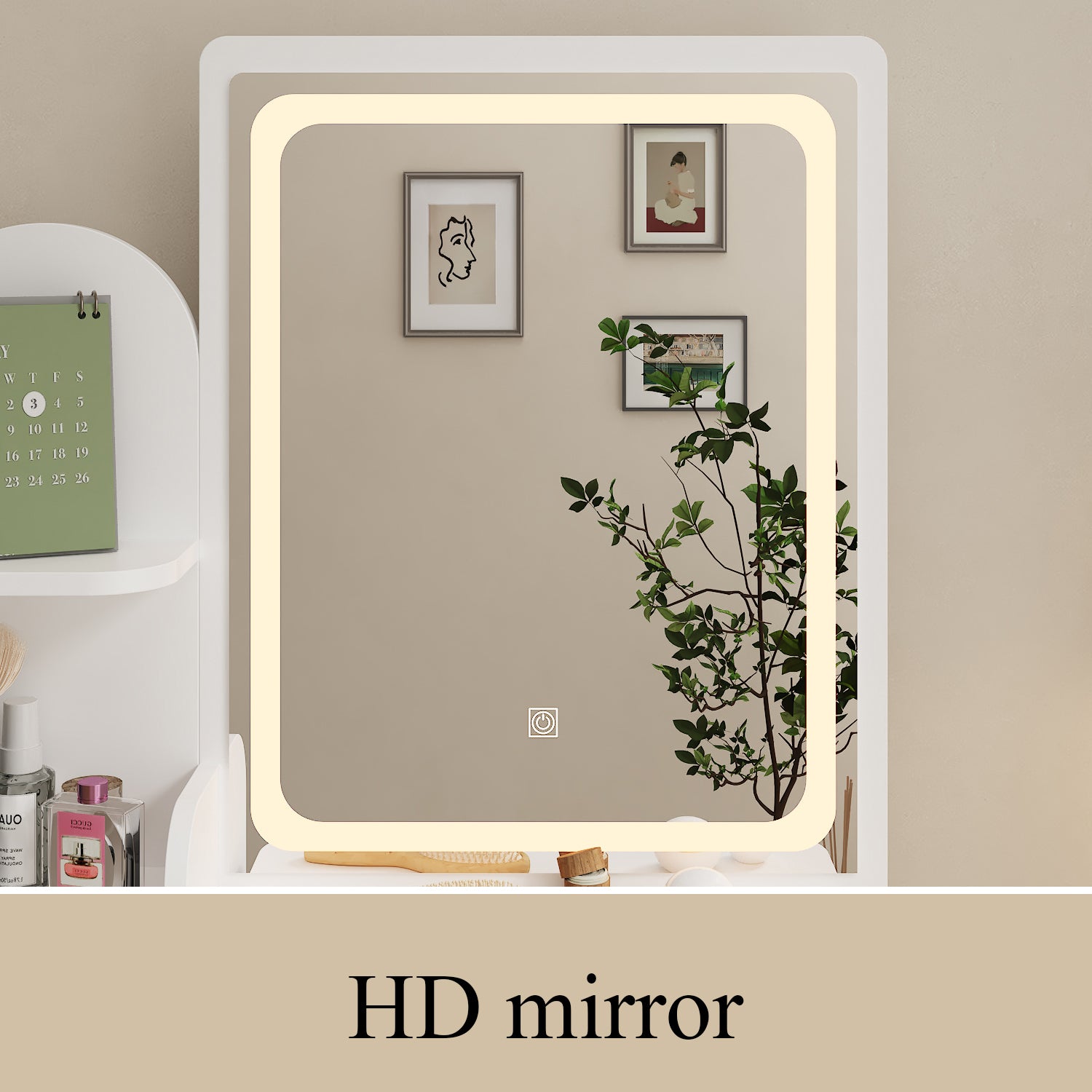 Modern Vanity Desk With LED Mirror, 5 Drawers, Shelves And Matching Stool, Makeup Dressing Table