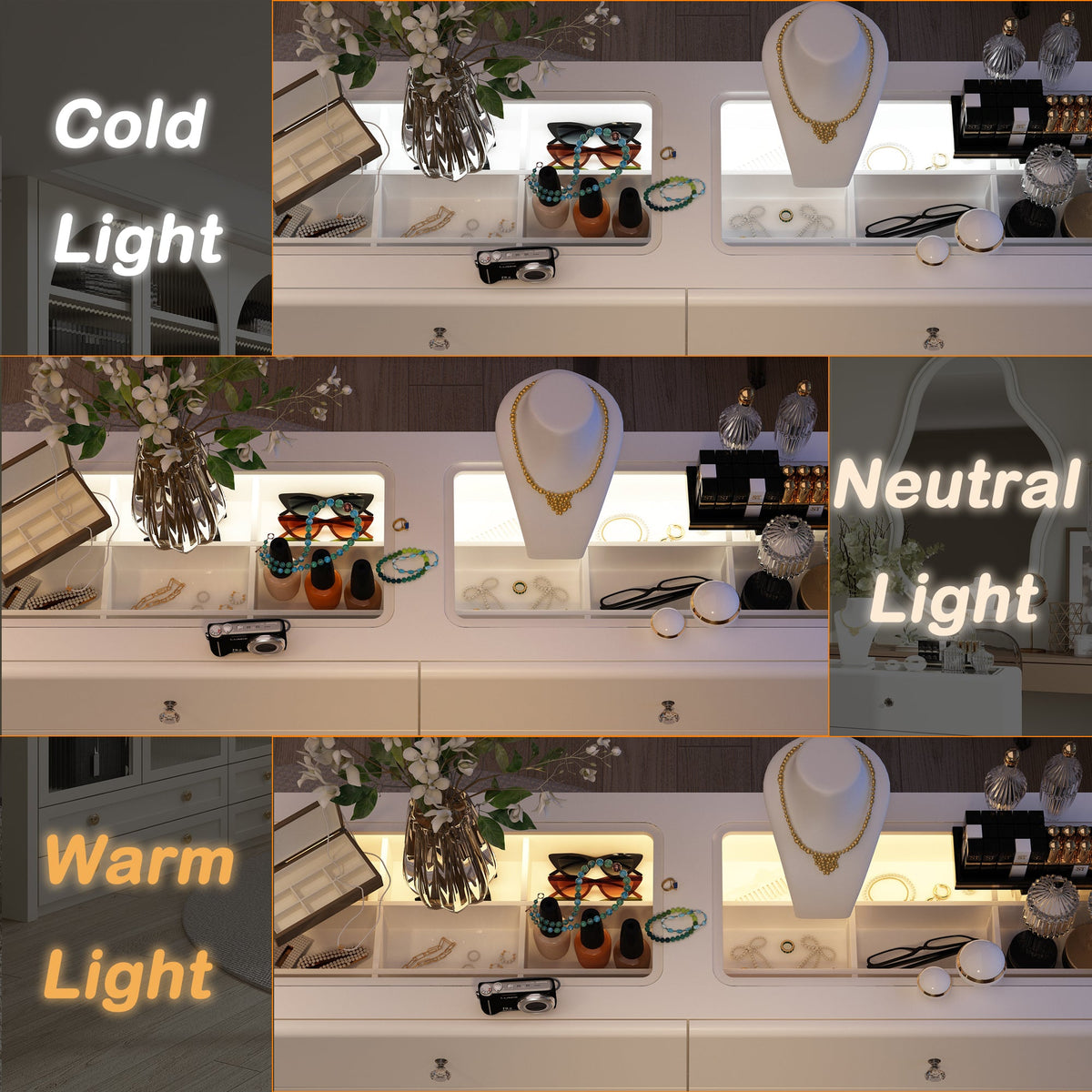 55.1" Modern White Double Dresser with Adjustable Lights