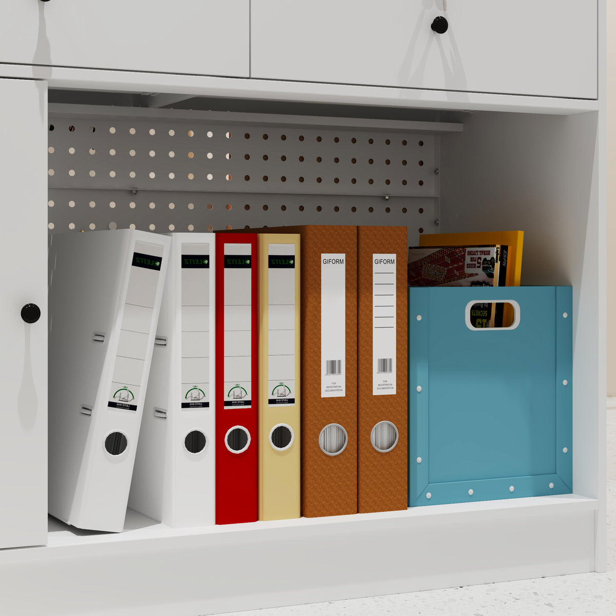 47.2 inches White Reception Desk with Metal Pegboard, Locking Drawers and Large Storage