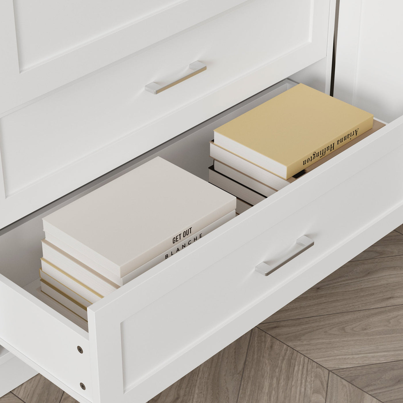 110.2" Modern White Bookcase with 11 Drawers and Glass Doors