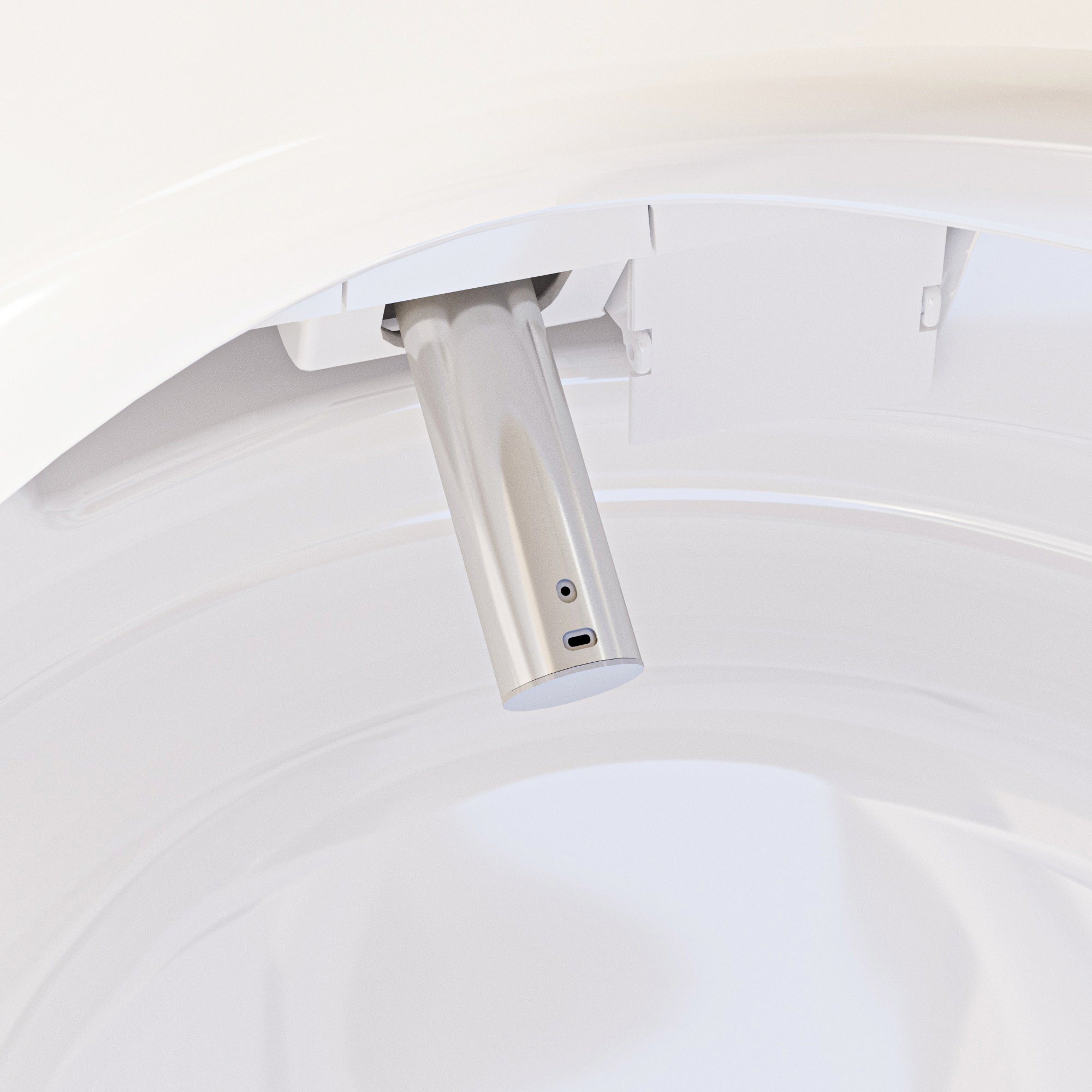 White smart toilet with closed lid, digital display, and built-in bidet