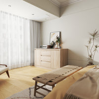Modern bedroom with wooden furniture, plants, and a large window