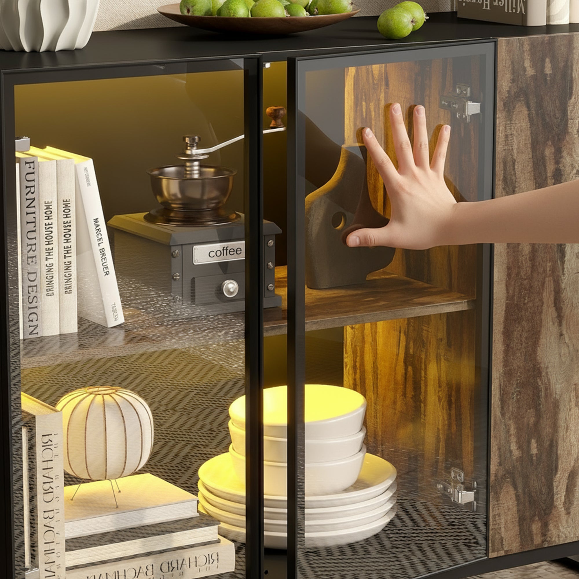 47.2" W Sideboard Cabinet Buffet With Glass Door And Light