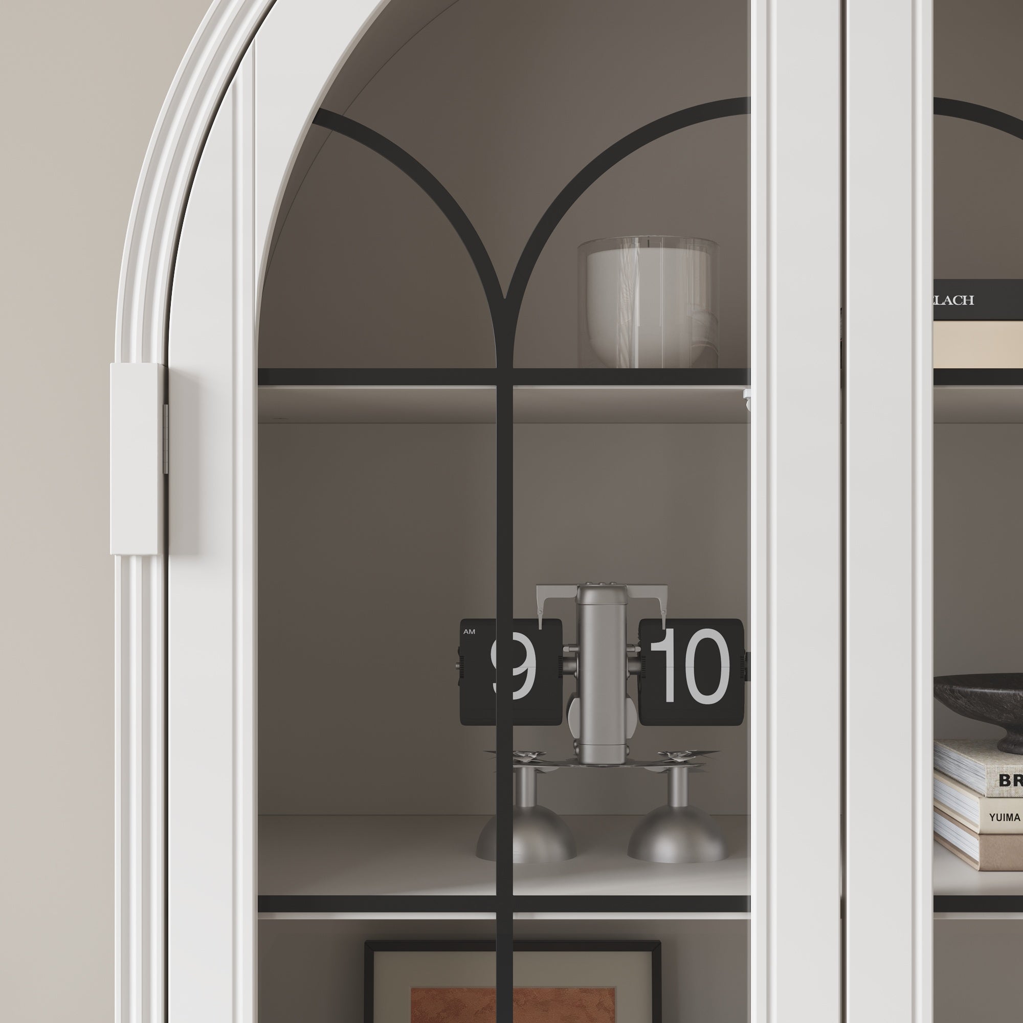 77'' H 2-Drawer Arched 5-Tier Bookcase Display Cabinet With Glass Doors