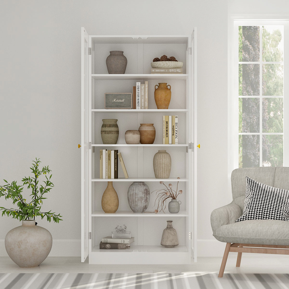 31.5" Modern Minimalist White Lacquer Bookcase with Glass Doors