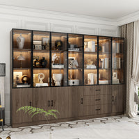 Geyma 110.2" Modern Glass Doors Display Case with LED Lights and Drawers