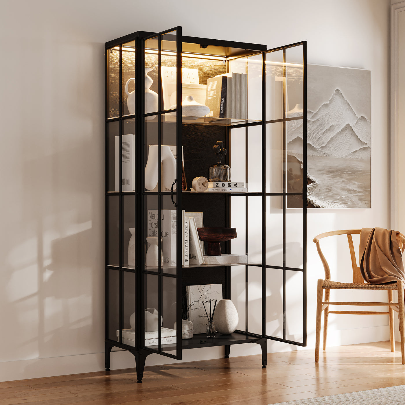 70.9" Black Glass Display Cabinet with LED Lighting
