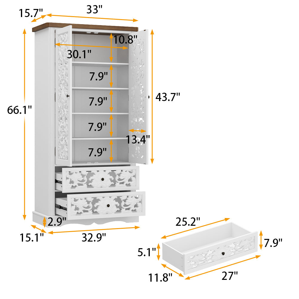 66'' H X 53'' W 2-Drawer 5-Tier Bookcase With Skeleton Carving Design