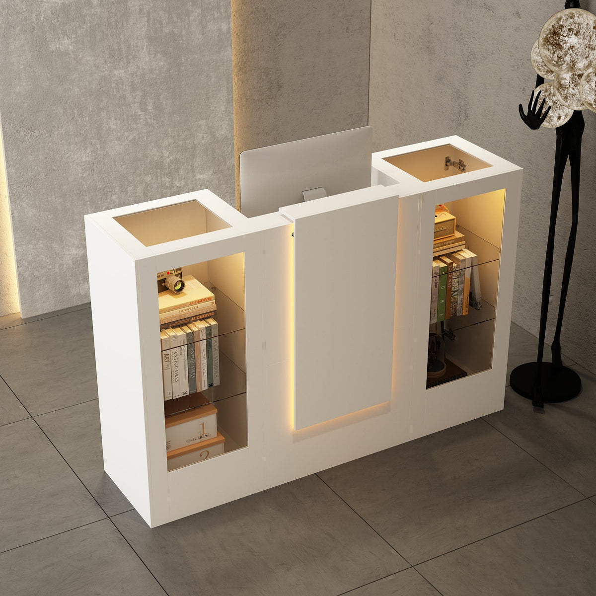 59" Modern White Reception Desk With Display Cabinets And LED Lightsand Transparent Glass