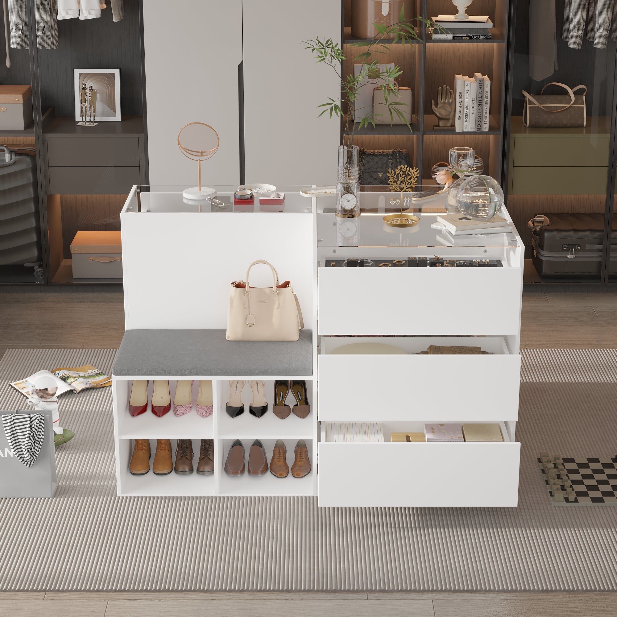 47.2 inches Modern White 4-Shelf Chest With Top And Comfortable Bench