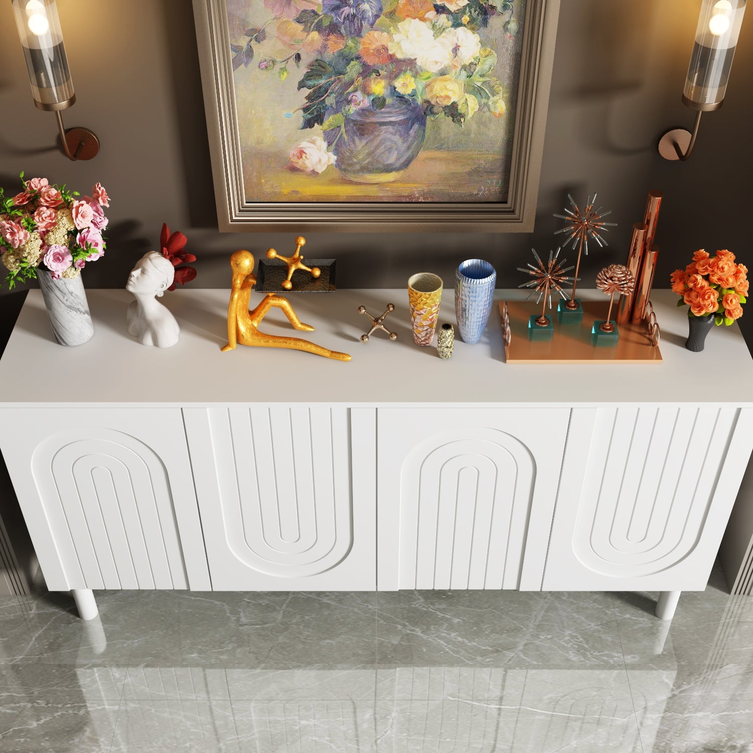 Sideboard Buffet Table Console Table in White Finish 4 U-Shaped Doors