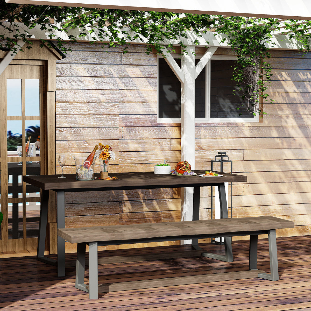70.9" Heavy-Duty Brown Patio Dining Set with Bench