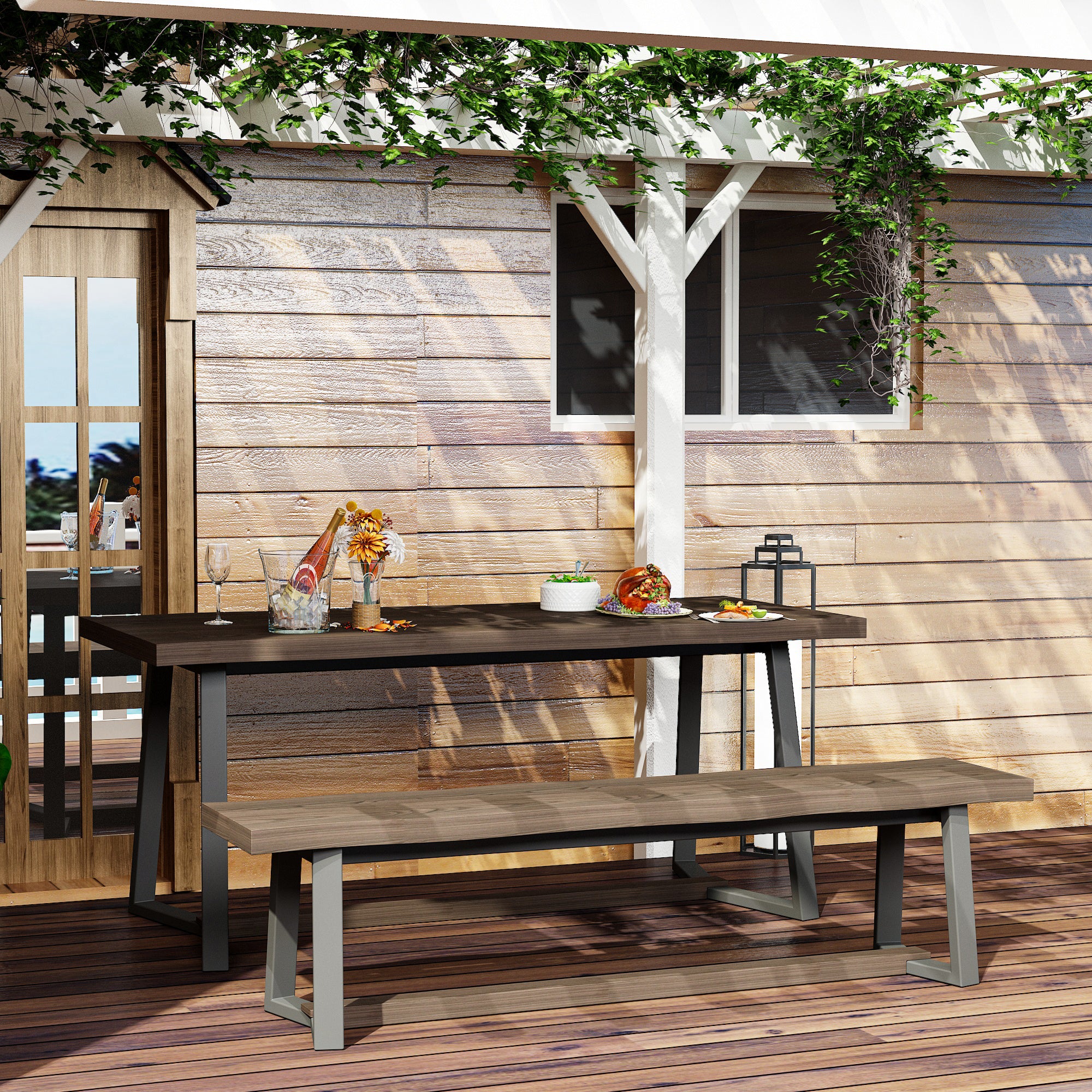 Wood Patio Dining Set with Bench