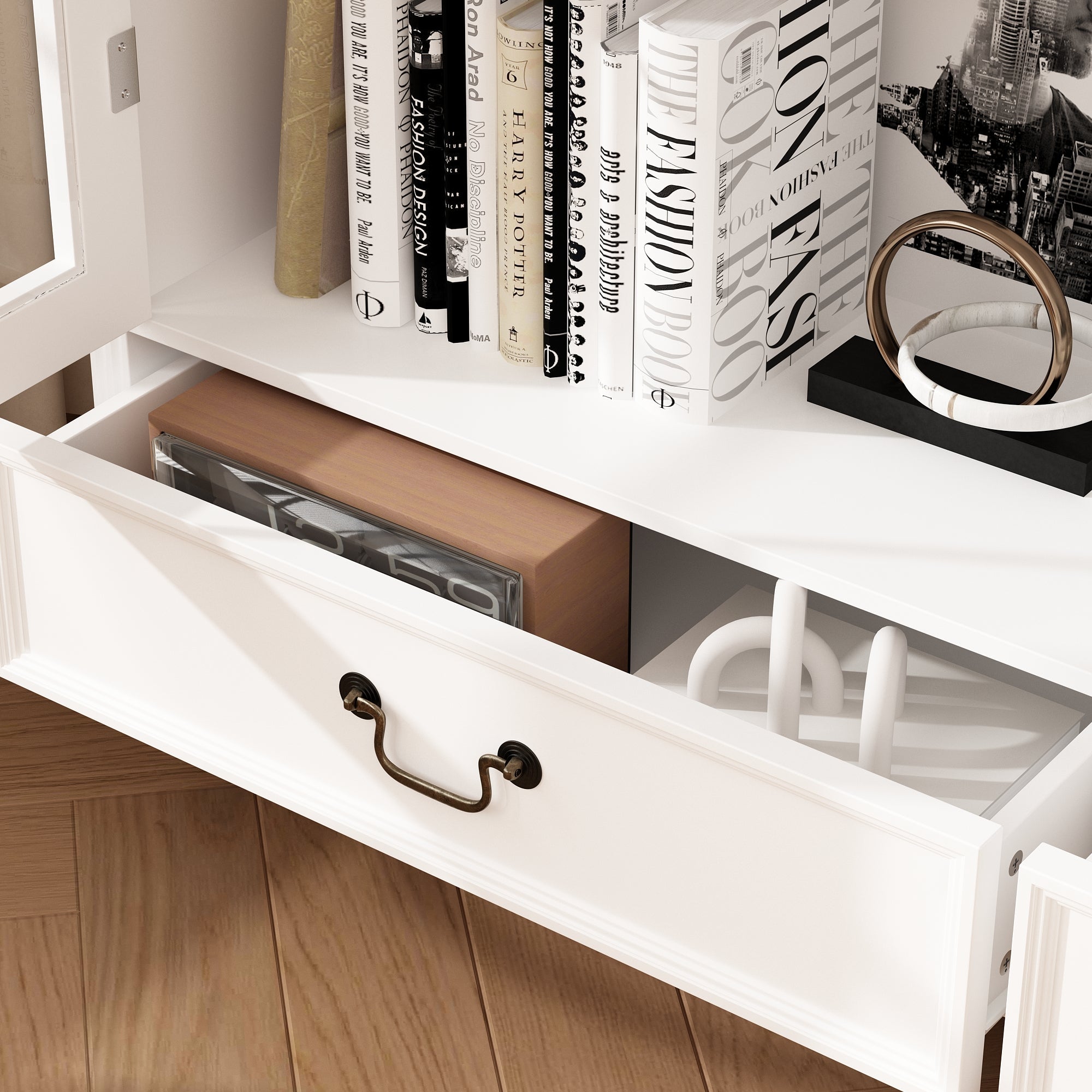 77'' H X 50'' W White Arched 5-Tier Bookcase With Glass Doors And Drawers