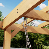 Wooden pergola structure with a metal chain against a blue sky and green trees background