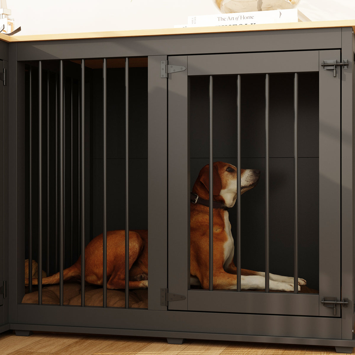 58.7 inch Rustic Black Corner Dog Crate with Steel Divider