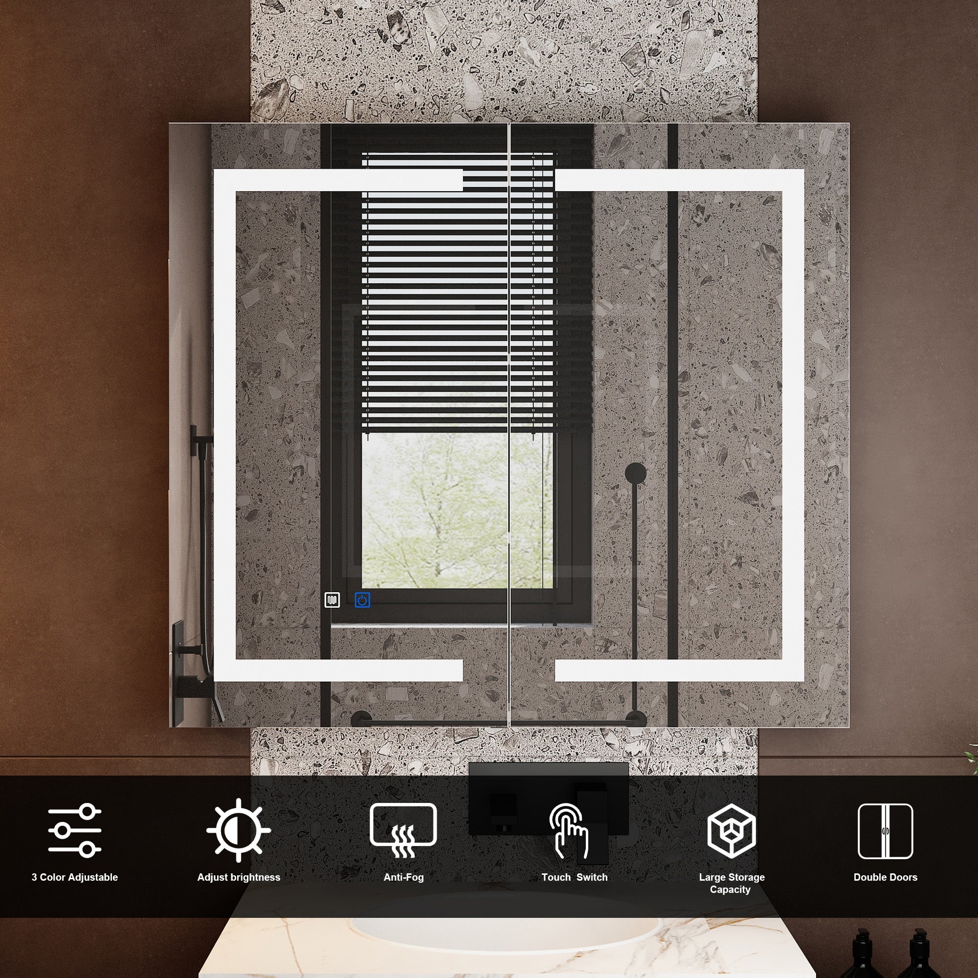 35.4'' W 31.5'' H Surface Frameless Medicine Cabinet with Mirror and 3 Fixed Shelves