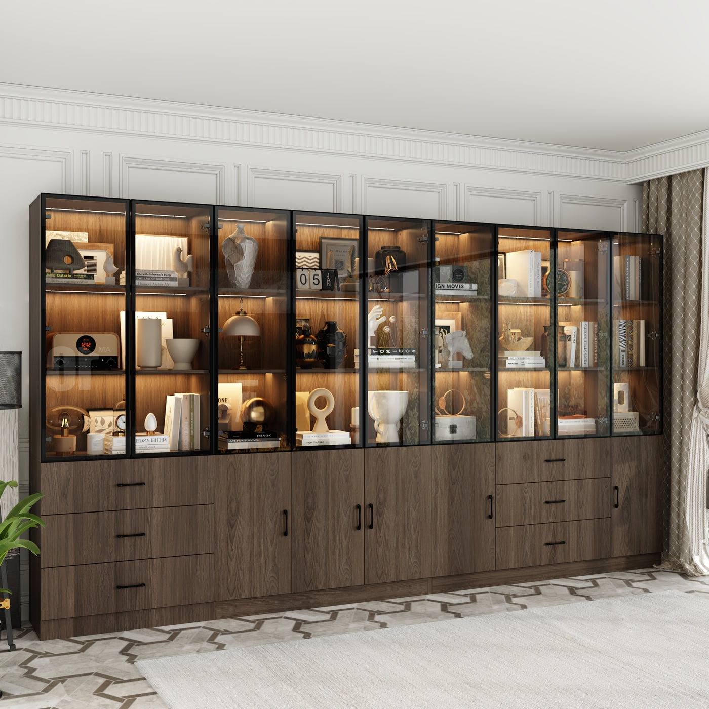 Geyma 141.7" Extra Wide Display Cabinet with 6 Drawers and LED Lights