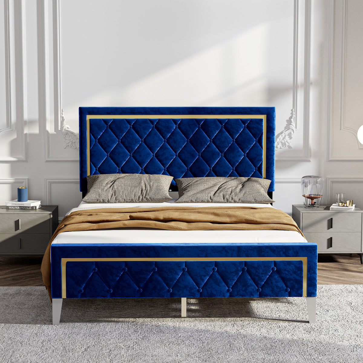 60.8" Modern Beige Platform Bed with Comfortable Headboard