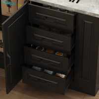 Black kitchen cabinet with open drawers containing food items on a wooden floor.