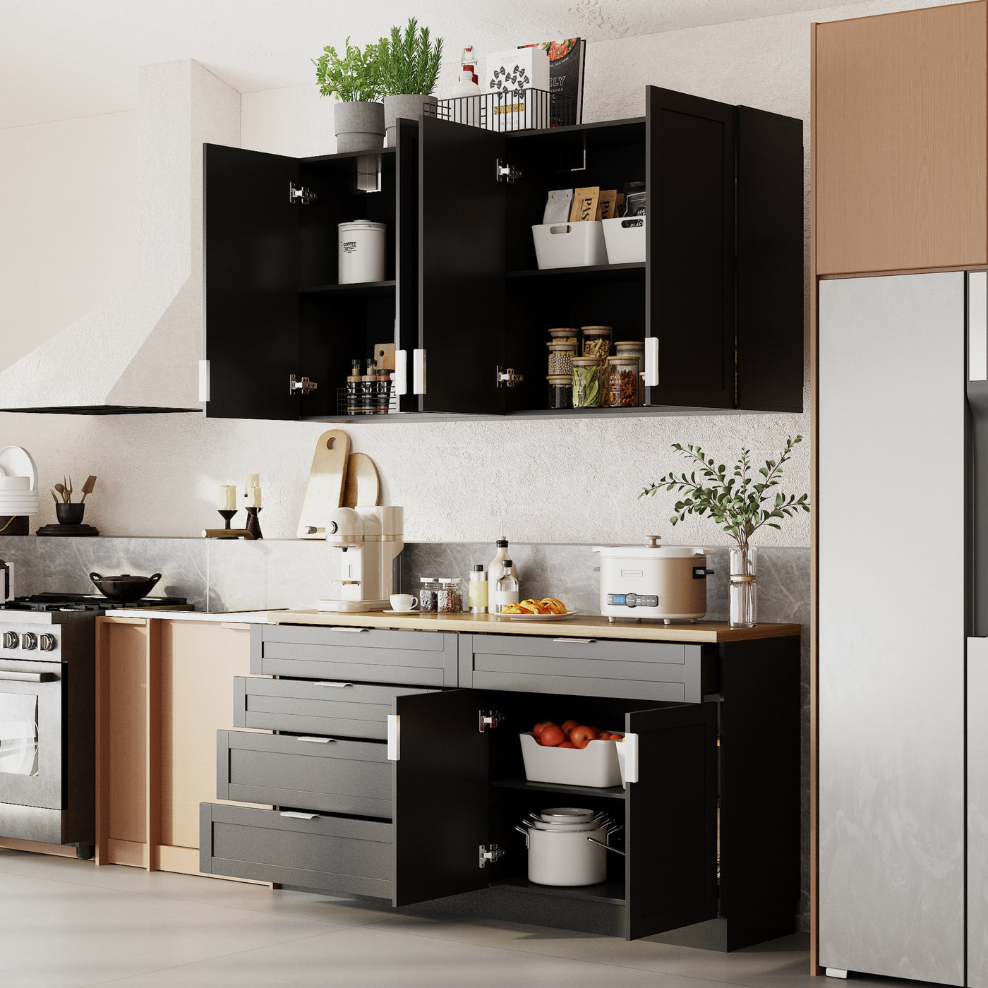 63" Modern Matte Black Kitchen Cabinet Set with 5 Drawers and 6 Doors