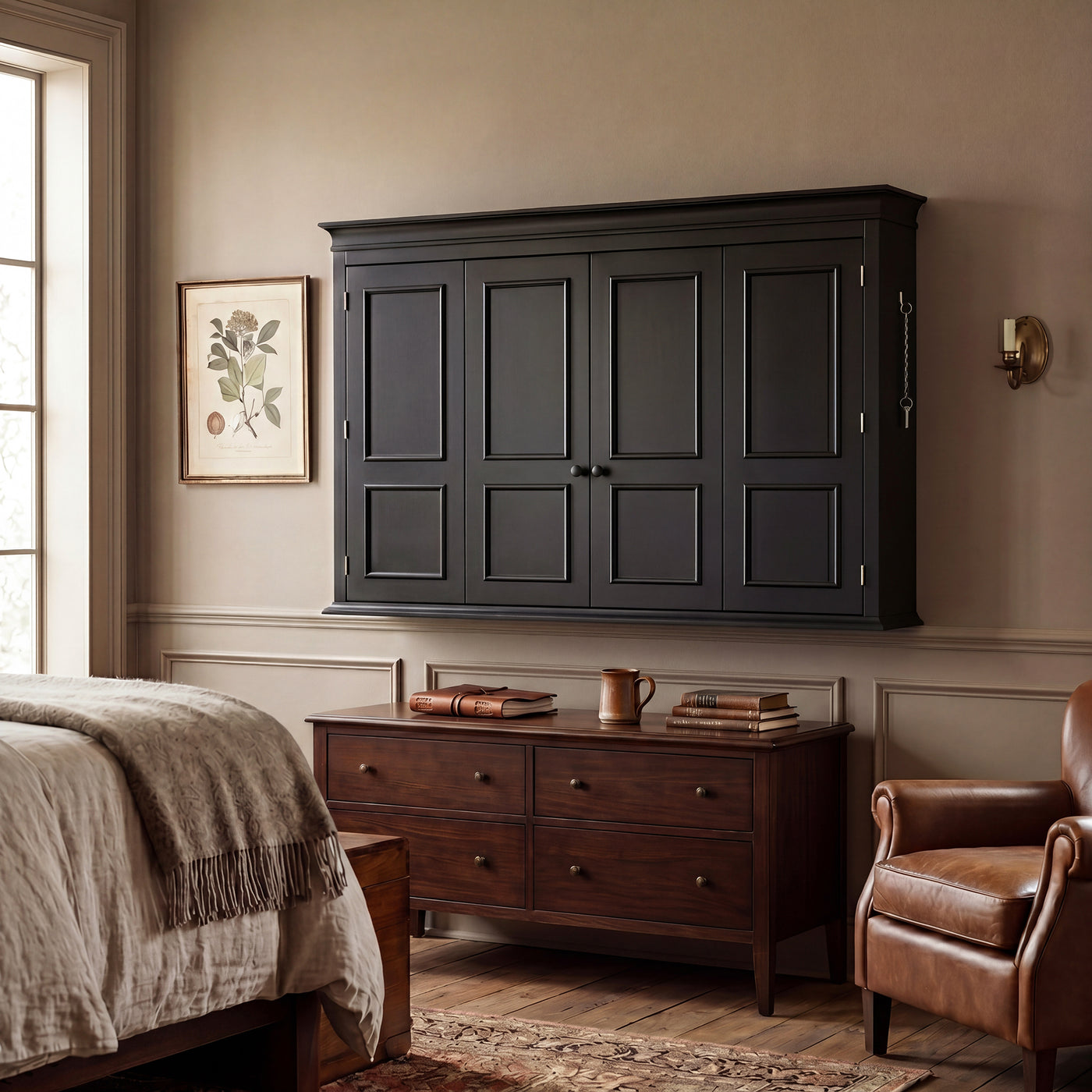 65.7" Black Wall‑Mount Hidden TV Media Cabinet with 4 Panel Doors, Fits Up To 60" TVs