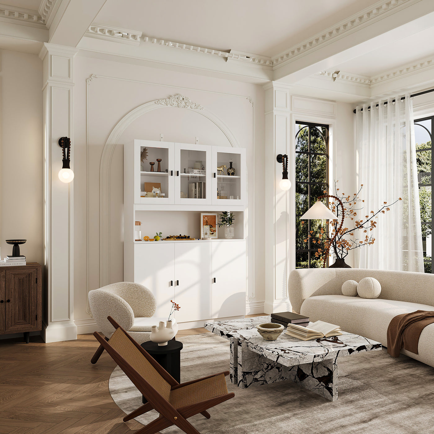 47.2" Elegant White Bookcase with Glass Doors and Open Shelves