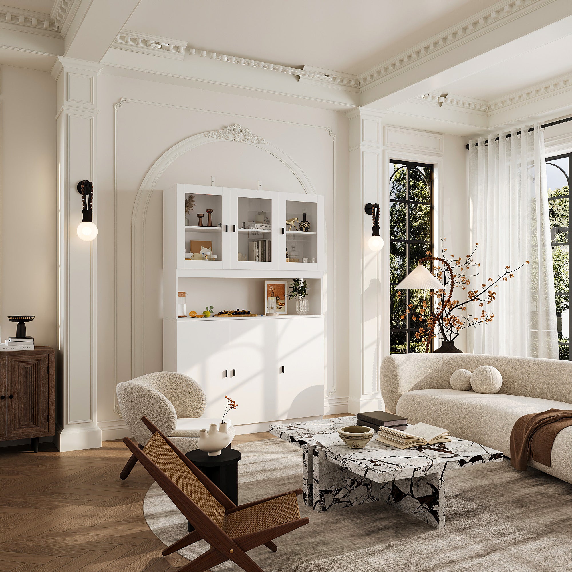 71'' H X 47.2'' W Elegant White Bookcase With Storage Solutions And Glass Doors