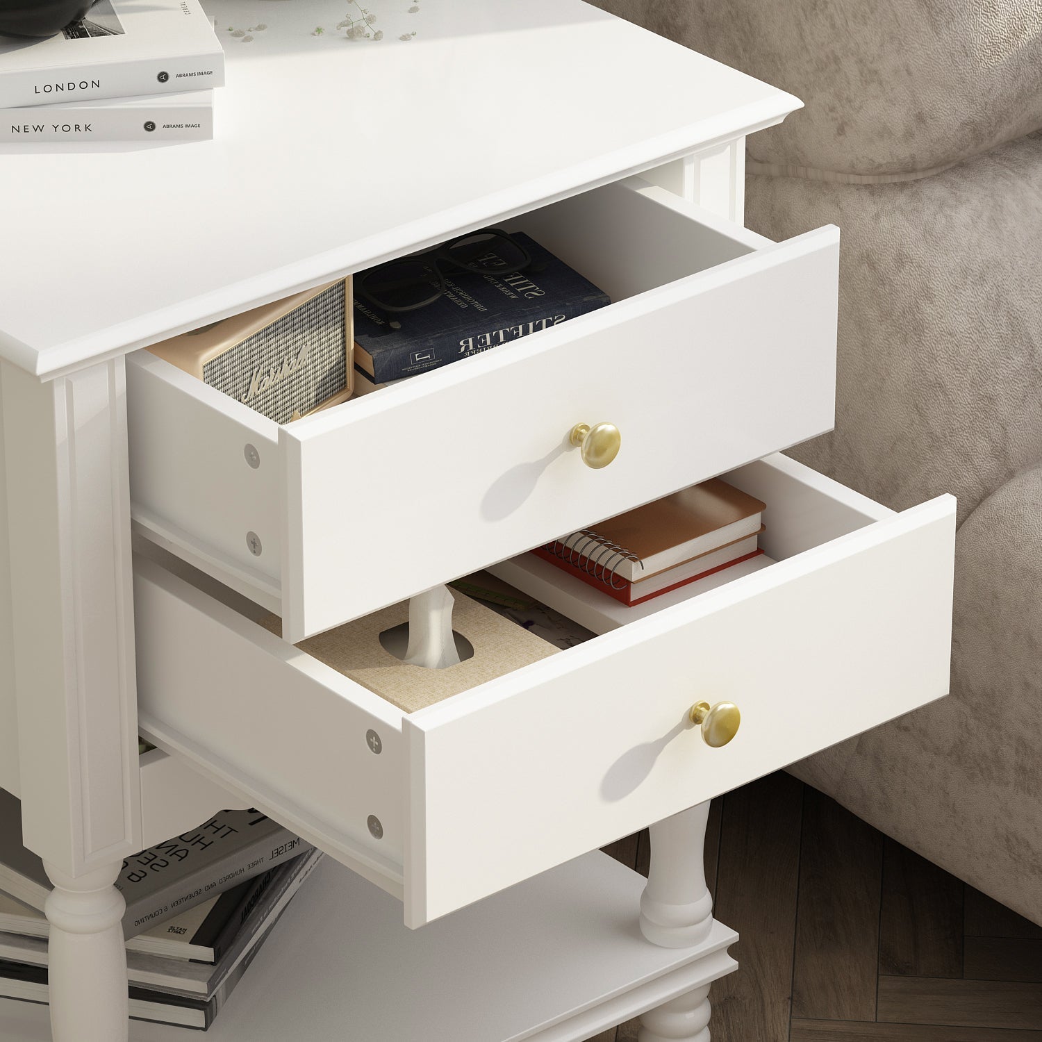 End Table Side Table Bedroom Night Stand Bedside Embossed Table with 2 Drawers & Open Shelf