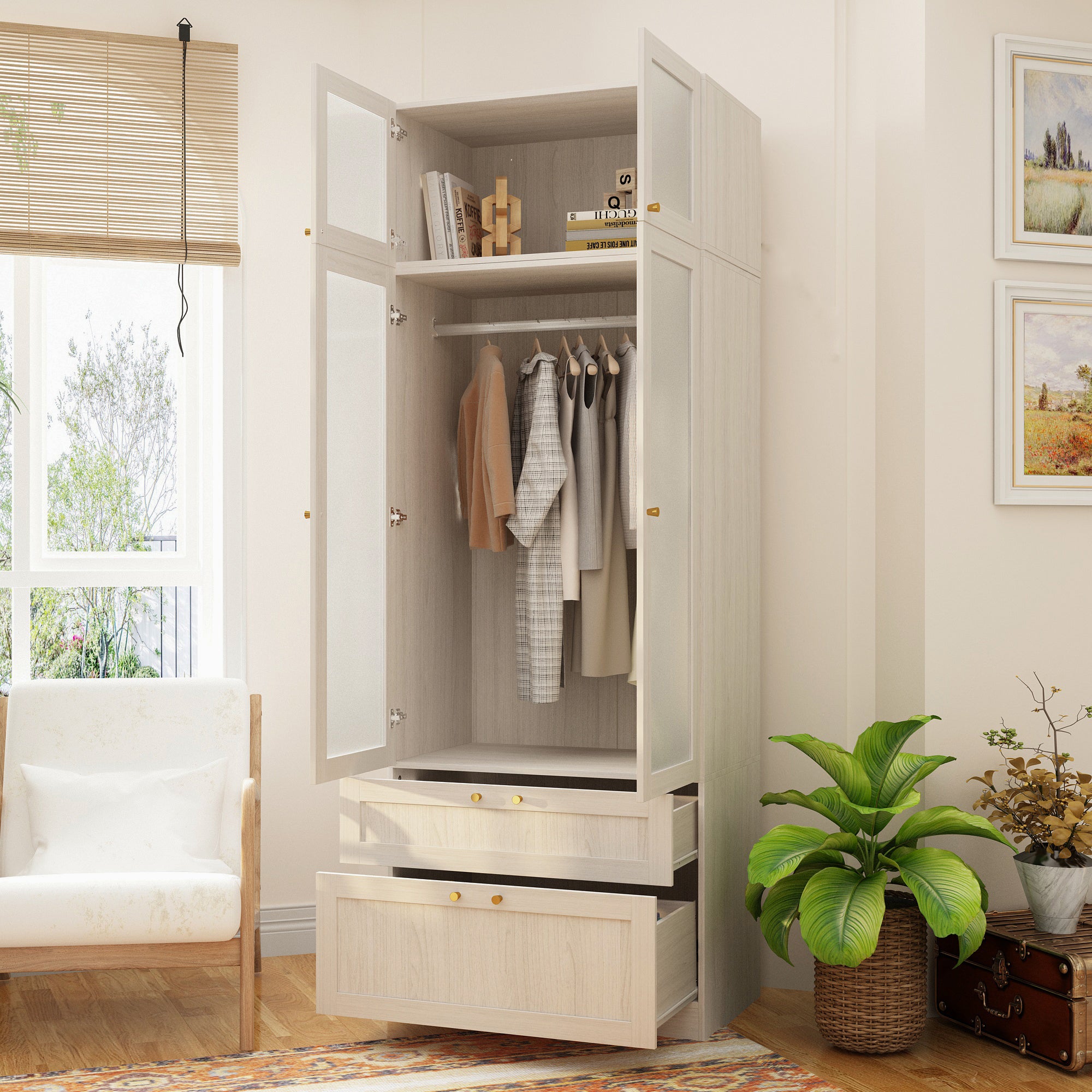 Modern White Wardrobe With Frosted Glass Doors, Two Drawers, And Hanging Rail – Spacious Storage Solution For Bedrooms