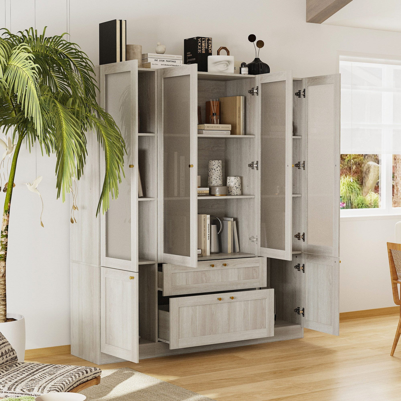 78.7" Modern Display Cabinet with Adjustable Shelves, Frosted Glass Doors and Drawers
