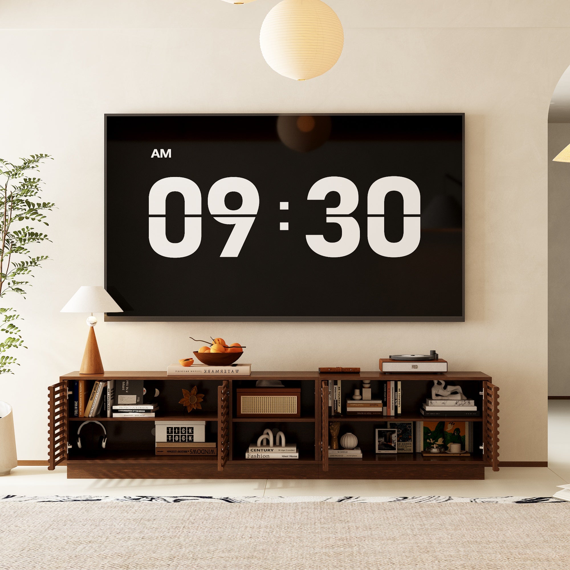 Mid-Century Modern TV Stand With Slatted Doors, Open Shelves, And Cable Management