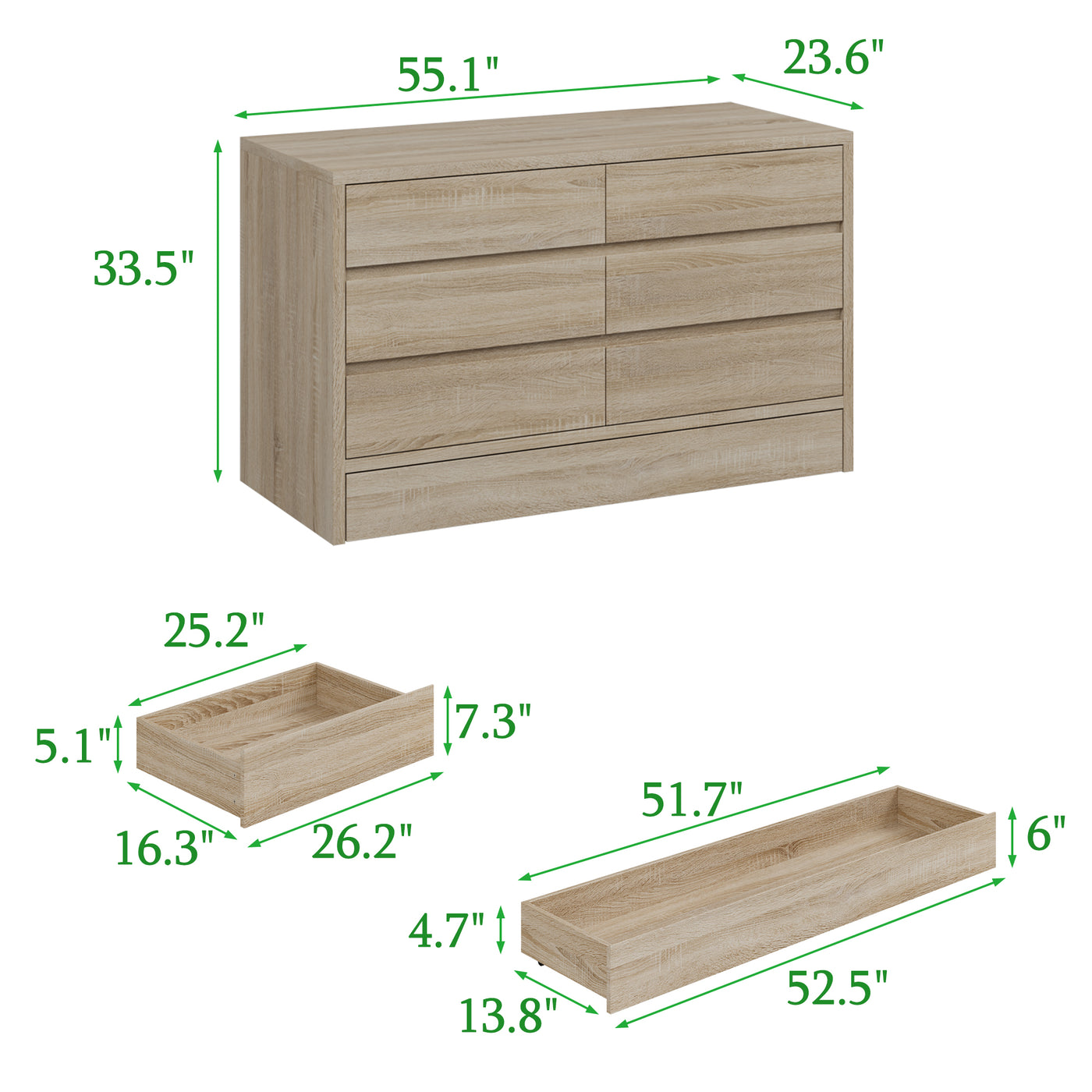 55.1" 7-Drawer Wood Chest Dresser with Hidden Compartments and Large Kick Drawer