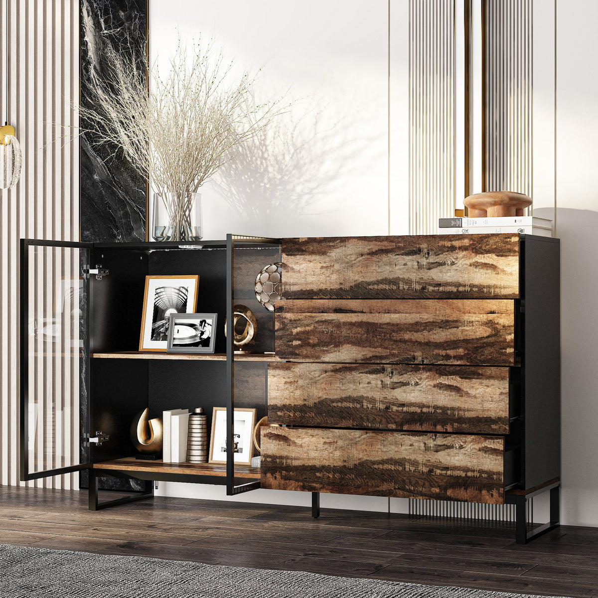 63" Modern Black & Brown Sideboard Buffet Cabinet with LED Lights & 4 Drawers