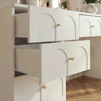 63" Modern White Versatile Vanity Desk with Massive Storage and Arched Glass Doors
