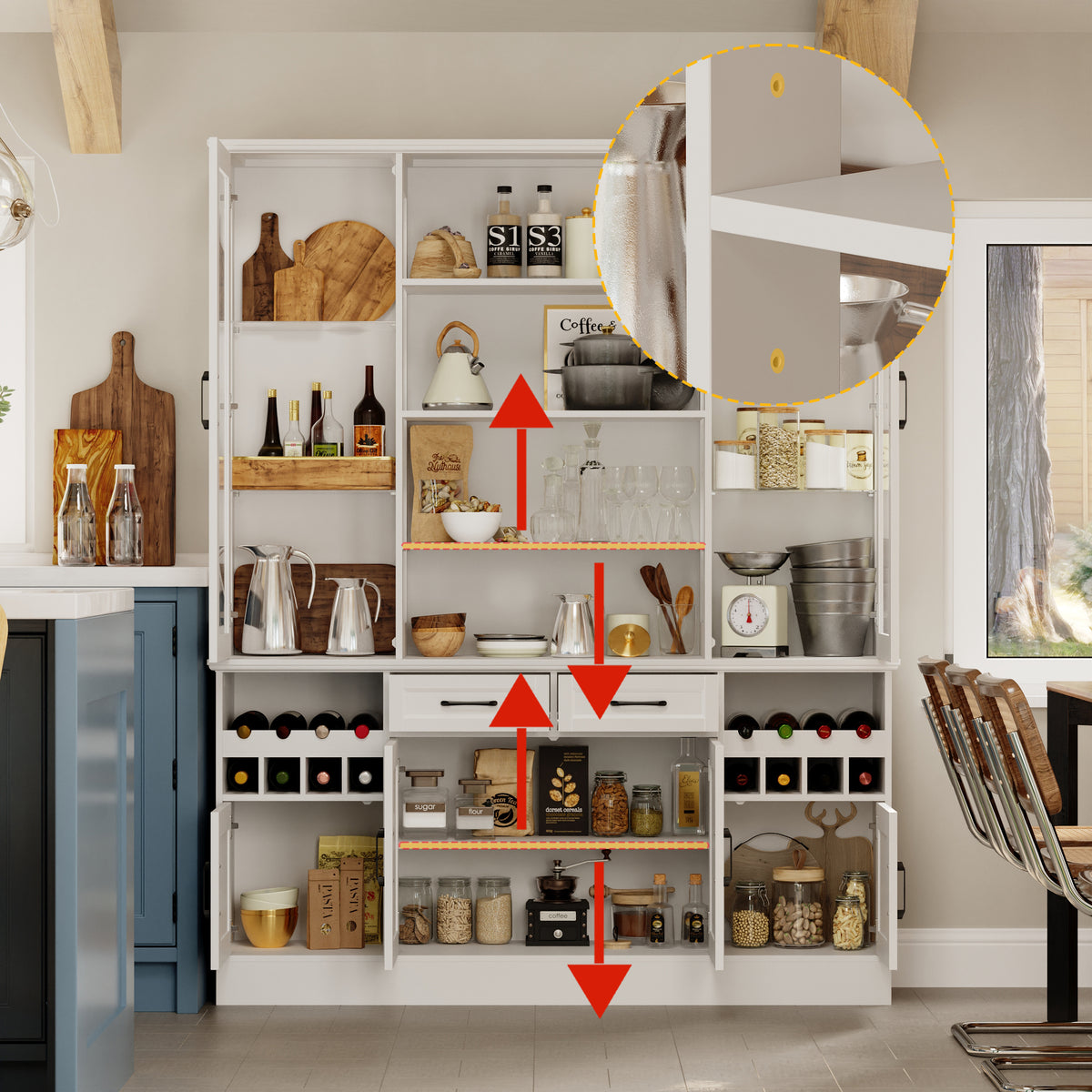 61.4" Modern White Food Pantry Cabinet with Glass Door and Wine Storage