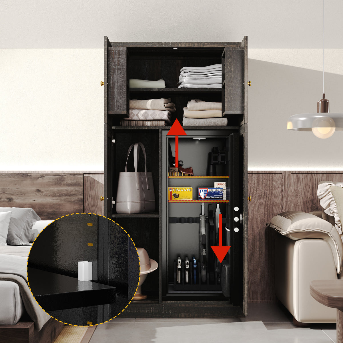 62" Modern Black Gun Safe Storage Cabinet with Sensor Light and Pistol Rack