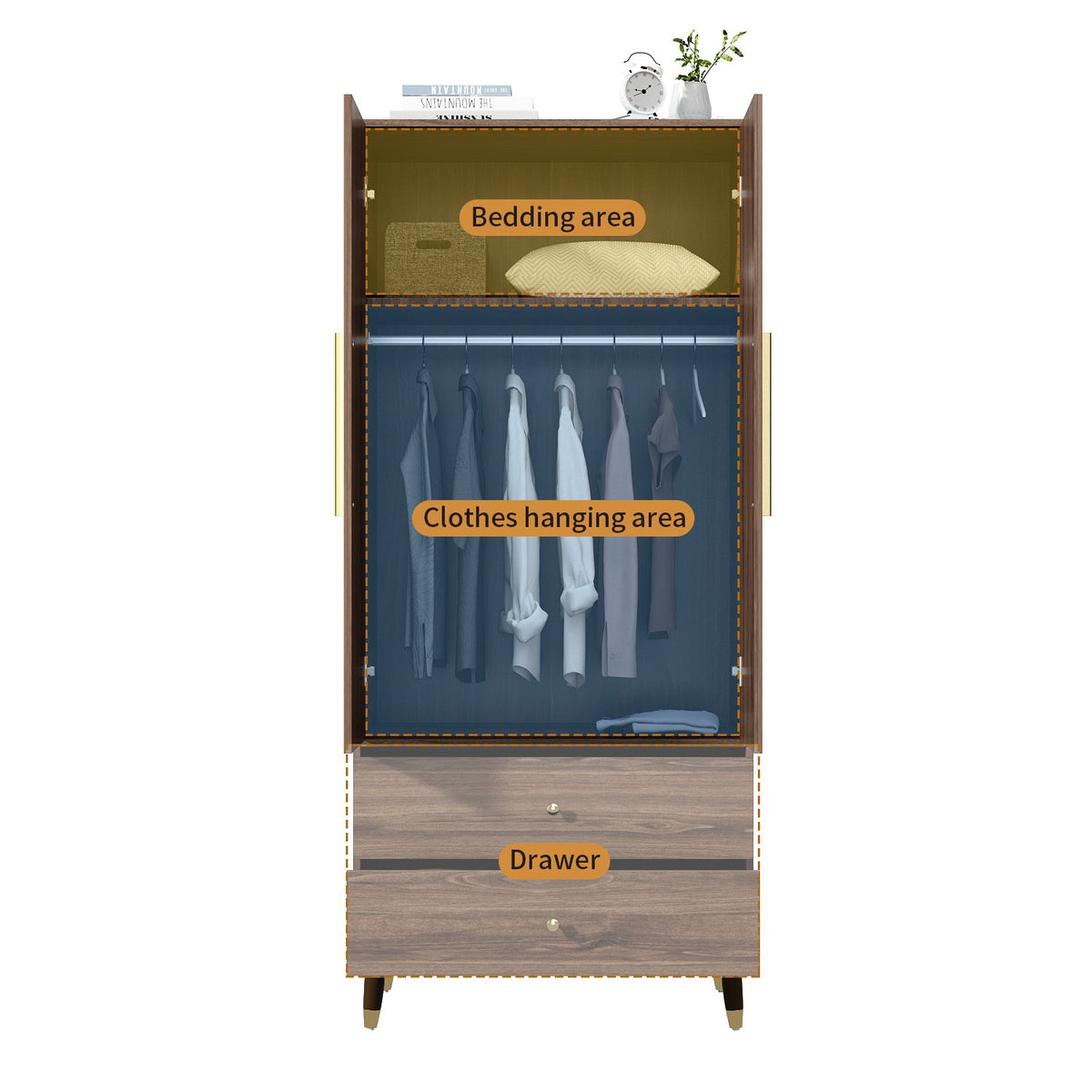31.5" Modern Brown 2-Door 2-Drawer Armoire Large Storage Closet