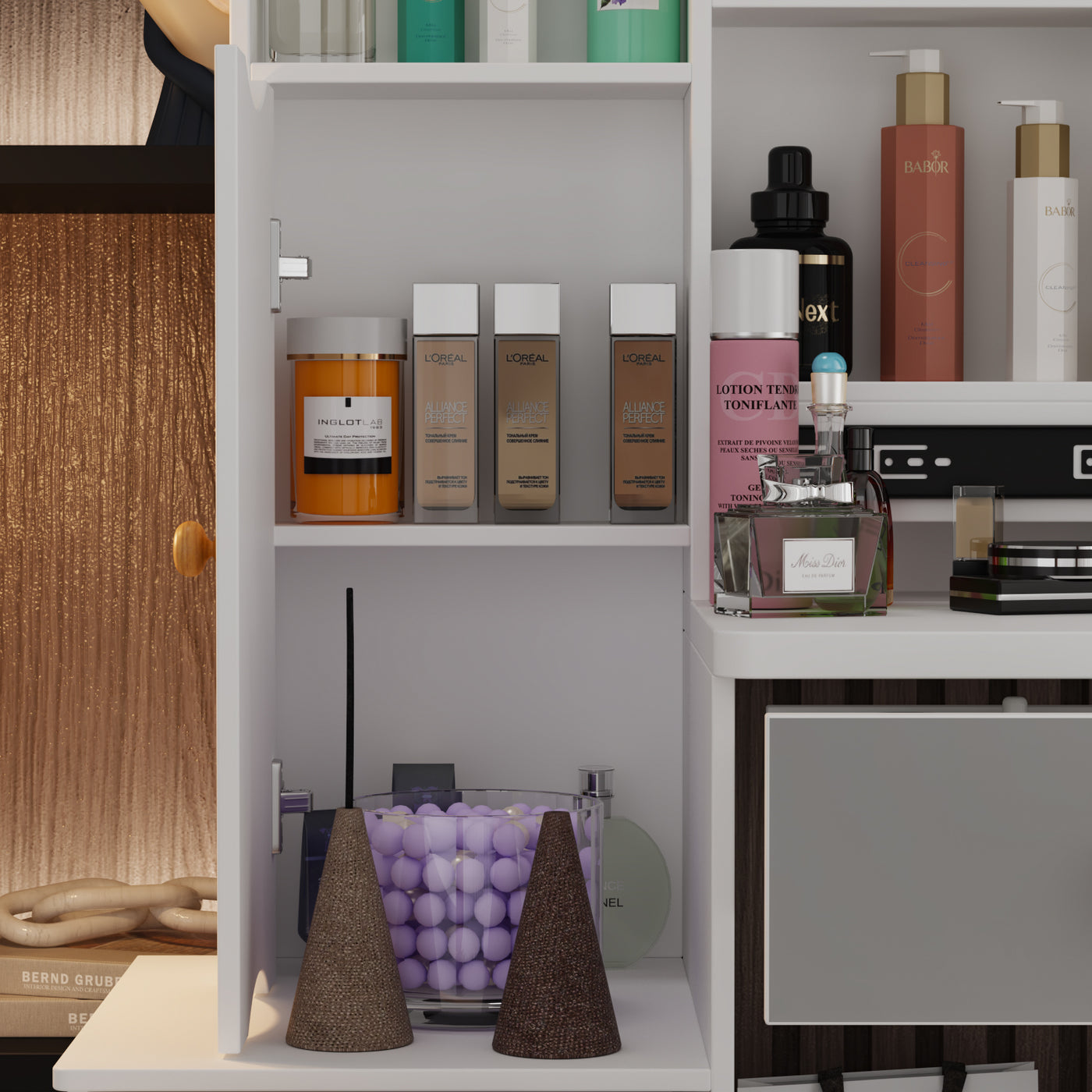 35.4" Modern White/Black Vanity Set with Sliding Mirror, 4 Drawers, Shelves and Cushioned Stool