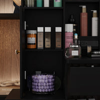 35.4" Modern White/Black Vanity Set with Sliding Mirror, 4 Drawers, Shelves and Cushioned Stool