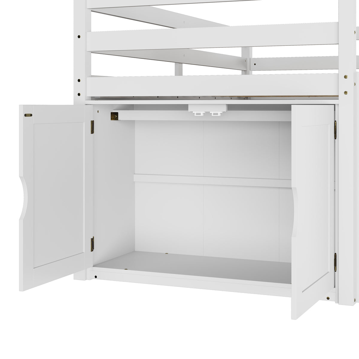 White kids loft bed with storage cabinets, shelves, and ladder