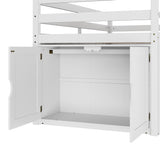 White kids loft bed with storage cabinets, shelves, and ladder