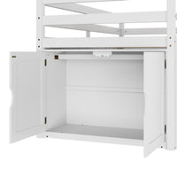 White kids loft bed with storage cabinets, shelves, and ladder