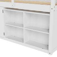 White kids loft bed with storage cabinets, shelves, and ladder
